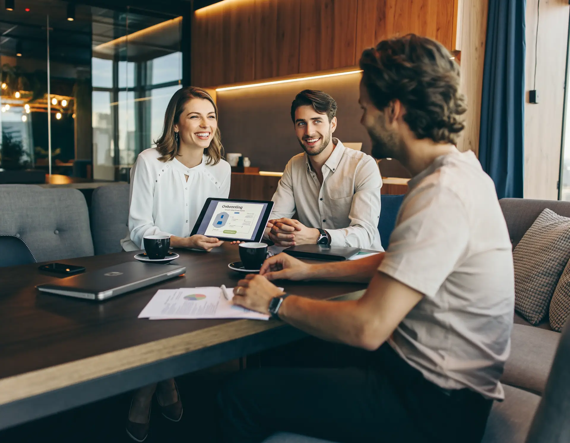 Onboarding-Begleitung im KMU: europäisches Team begrüßt neue Mitarbeitende freundlich und strukturiert.