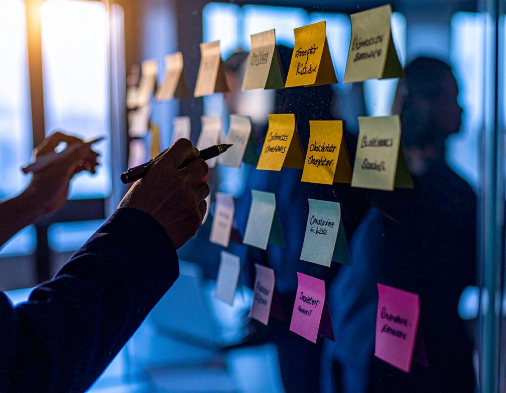 Modern SME boardroom workshop, two consultants and a founder mapping role requirements on a glass wall with sticky notes and simple competency icons, close-up hands + markers, subtle laptop in foreground with blurred charts, documentary cinematic photography, soft daylight through large window, shallow depth of field, crisp micro-contrast, premium consulting vibe, neutral warm tones with subtle deep slate accents, realistic, authentic, confident but calm